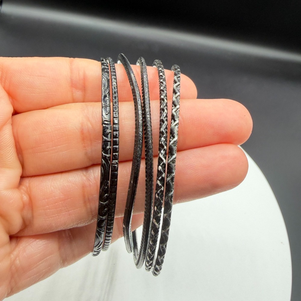 Black Textured Bangle Bracelet Set Stack Gothic Boho Layering Fashion 7 Pcs